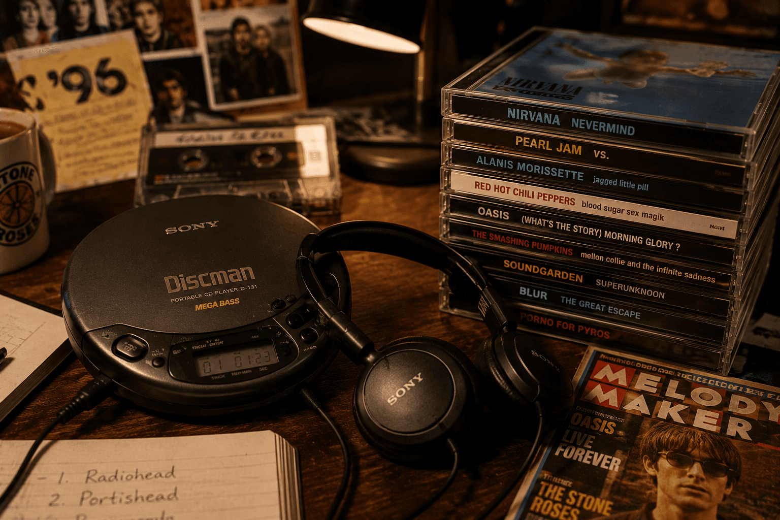 Un walkman o discman noventero con audífonos, o una pila de CDs de la época —una imagen evocadora del 96