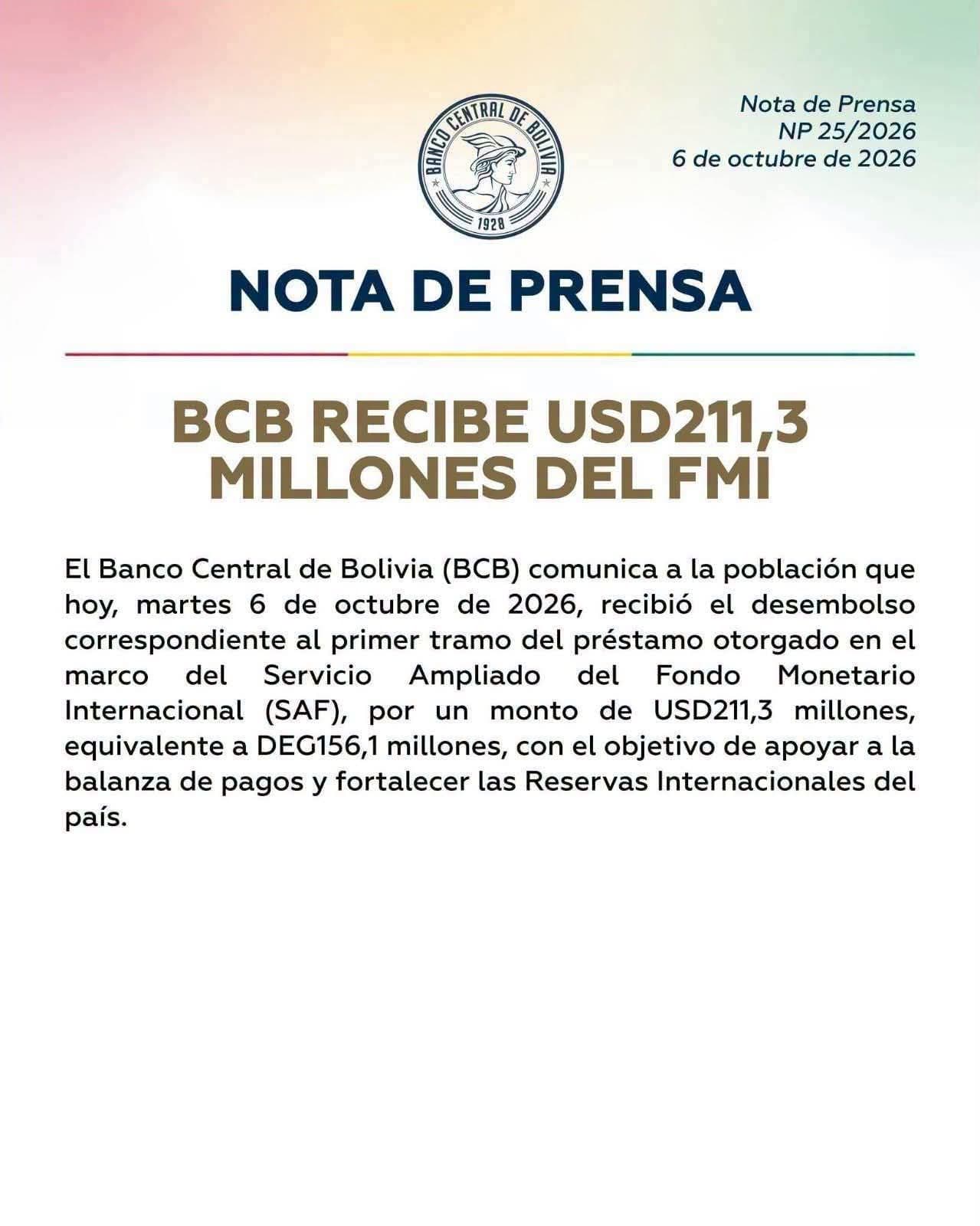 Nota de prensa del BCB